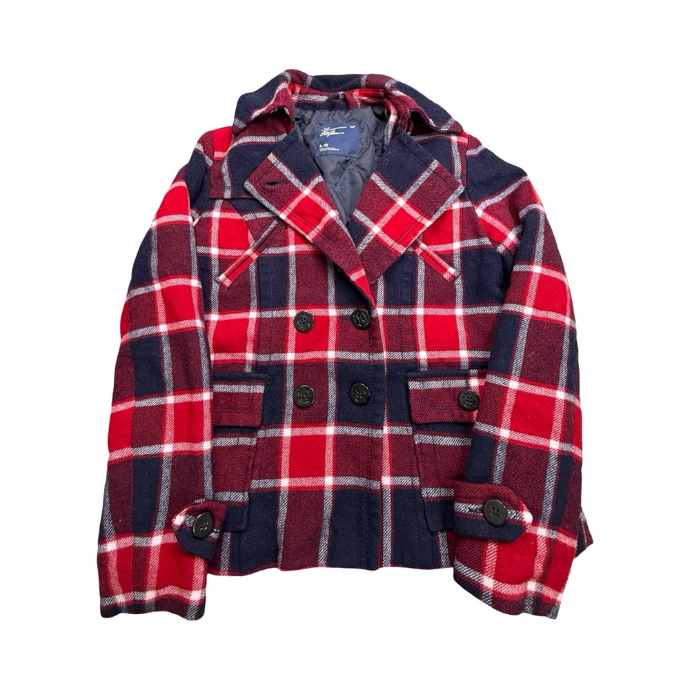 American Eagle Pea Coat Womens L Red Navy Plaid Wool Blend Outerwear Western